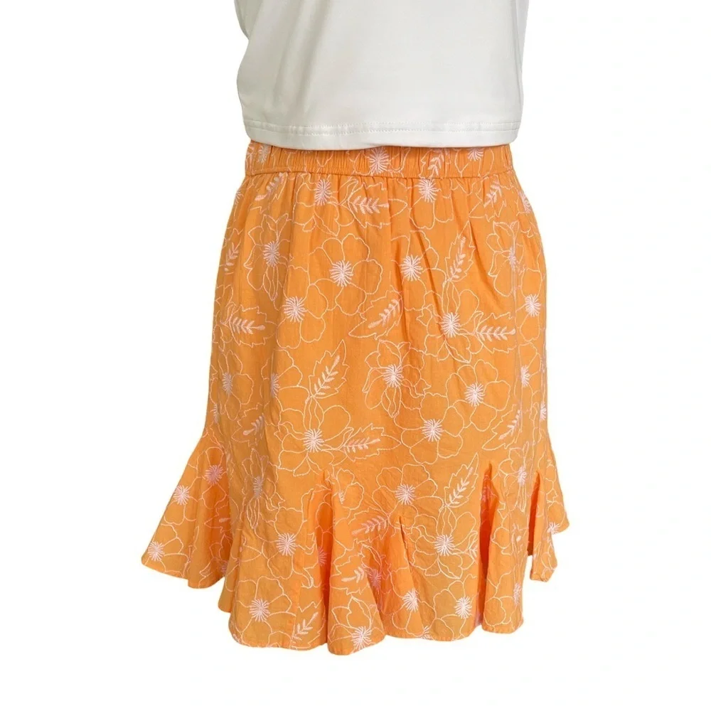 LOFT Garden Tangerine Orange and White Embroidered Godet Skirt Size Small